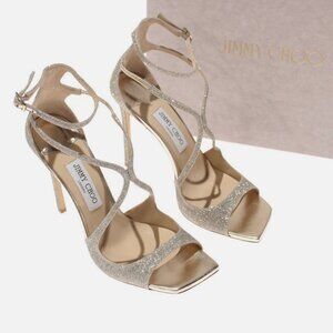 Jimmy Choo NWB Ankle Wrap Heels Size 40.5 10.5 US Azia Glittery Platinum/Silver